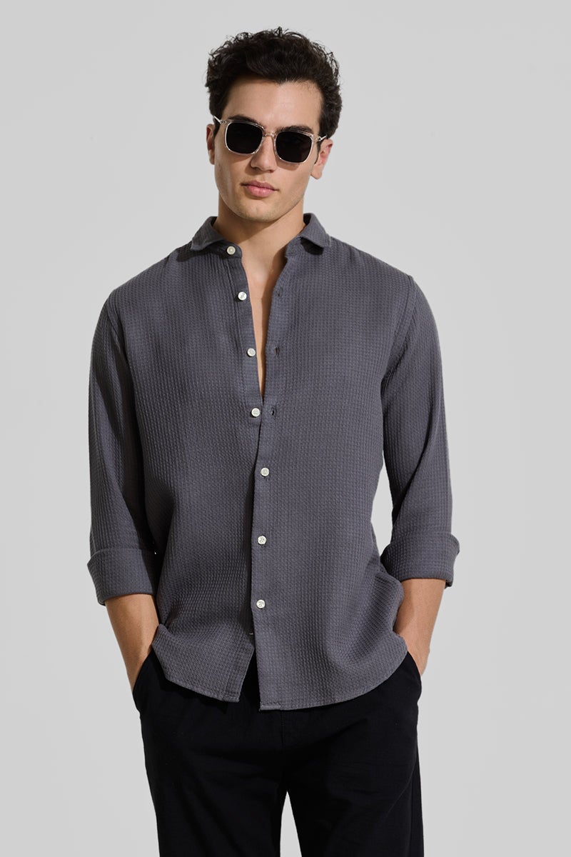 SNITCH Charcoal Grey Slim Fit Textured Shirt - Image 4